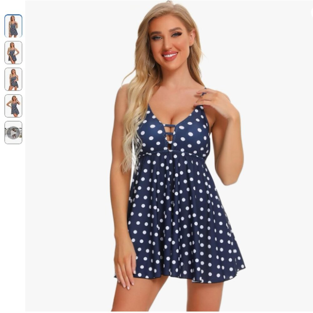 NWOT Blue & White Polka Dot Swim Dress